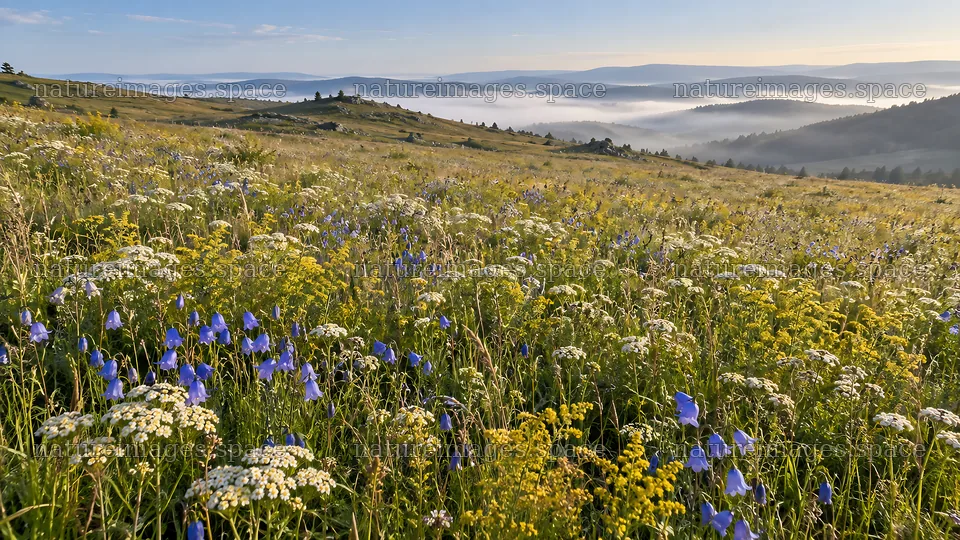 Morning Mist Over a Wildflower Meadow – nature images 10324x5812