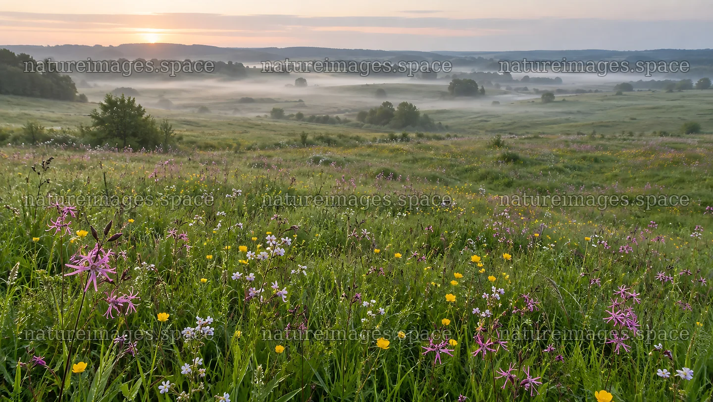 Colorful Wildflower Meadow in Morning Mist – nature images 10324x5812