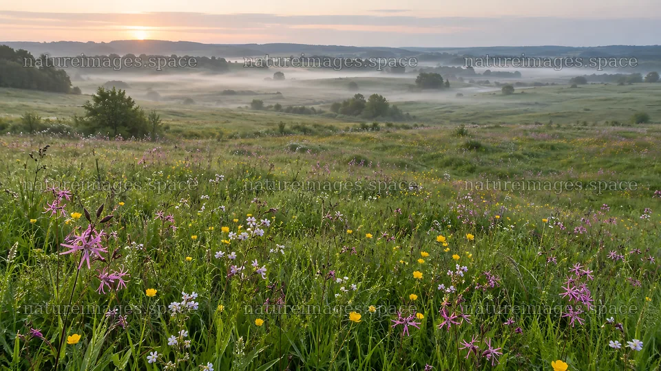 Colorful Wildflower Meadow in Morning Mist – nature images 10324x5812